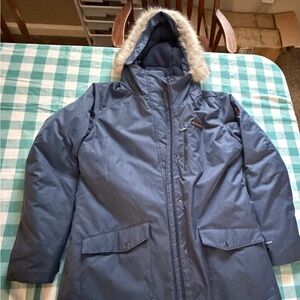 Columbia Women’s Navy Winter Jacket with Faux Fur Hood and Omni-Heat.